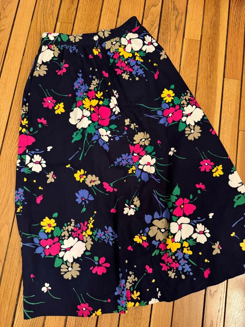 Vintage Aston Navy Floral A-Line Midi Skirt with Pink, White, Yellow & Green
